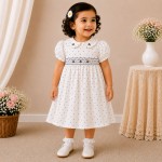 White Polka Dot Baby Girl Dress with Smocked Bodice & Peter Pan Collar