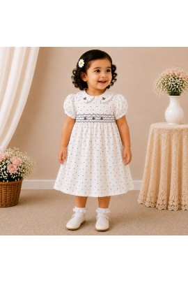White Polka Dot Baby Girl Dress with Smocked Bodice & Peter Pan Collar