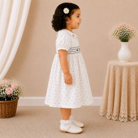 White Polka Dot Baby Girl Dress with Smocked Bodice & Peter Pan Collar
