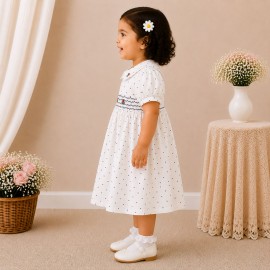 White Polka Dot Baby Girl Dress with Smocked Bodice & Peter Pan Collar