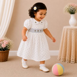 White Polka Dot Baby Girl Dress with Smocked Bodice & Peter Pan Collar