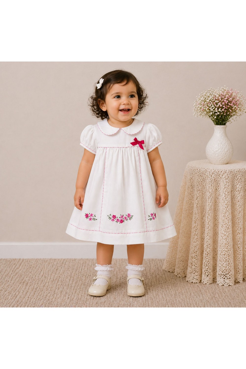 Baby Girl White Cotton Dress with Floral Embroidery & Peter Pan Collar