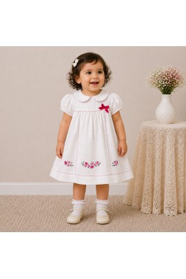 Baby Girl White Cotton Dress with Floral Embroidery & Peter Pan Collar