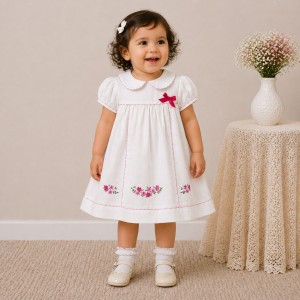 Baby Girl White Cotton Dress with Floral Embroidery & Peter Pan Collar