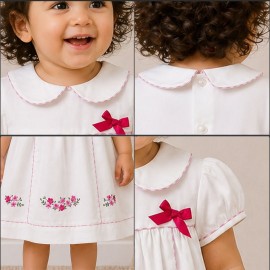 Baby Girl White Cotton Dress with Floral Embroidery & Pink Piping Collar