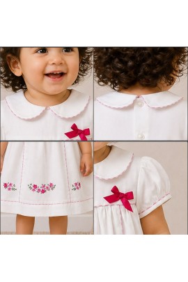 Baby Girl White Cotton Dress with Floral Embroidery & Peter Pan Collar