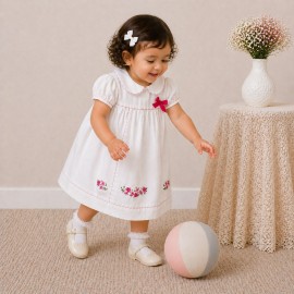 Baby Girl White Cotton Dress with Floral Embroidery & Pink Piping Collar