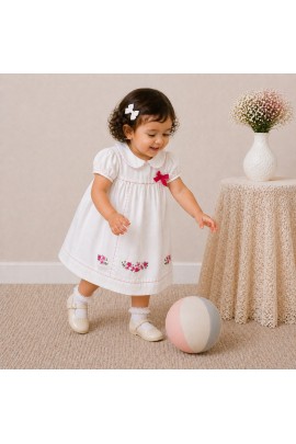 Baby Girl White Cotton Dress with Floral Embroidery & Peter Pan Collar