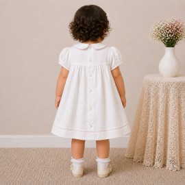 Baby Girl White Cotton Dress with Floral Embroidery & Pink Piping Collar