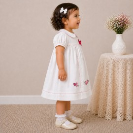 Baby Girl White Cotton Dress with Floral Embroidery & Pink Piping Collar