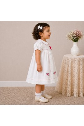 Baby Girl White Cotton Dress with Floral Embroidery & Peter Pan Collar