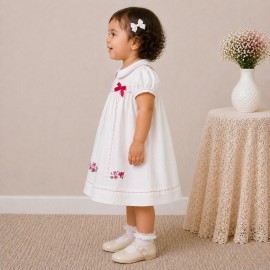 Baby Girl White Cotton Dress with Floral Embroidery & Pink Piping Collar