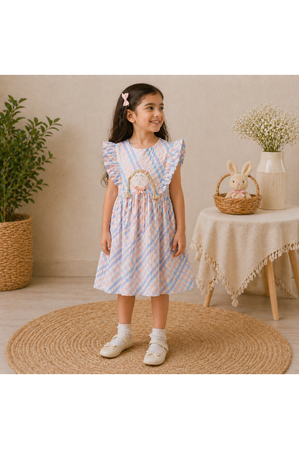 Girls Pastel Checked Cotton Dress with Ruffle Sleeves & Doll Embroidery (Blue-Pink)