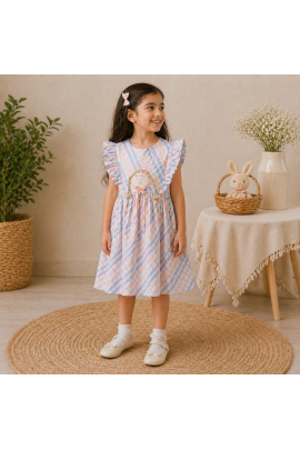 Girls Pastel Checked Cotton Dress with Ruffle Sleeves & Doll Embroidery (Blue-Pink)