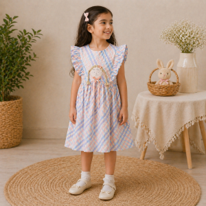 Girls Pastel Checked Cotton Dress with Ruffle Sleeves & Doll Embroidery (Blue-Pink)