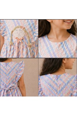 Girls Pastel Checked Cotton Dress with Ruffle Sleeves & Doll Embroidery (Blue-Pink)