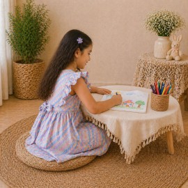 Girls Pastel Checked Cotton Dress with Ruffle Sleeves & Doll Embroidery (Blue-Pink)