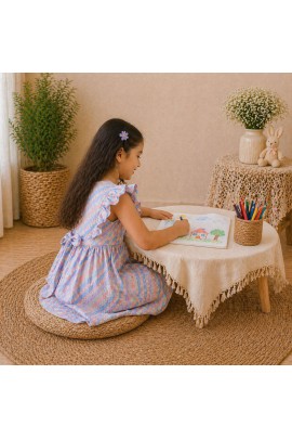 Girls Pastel Checked Cotton Dress with Ruffle Sleeves & Doll Embroidery (Blue-Pink)