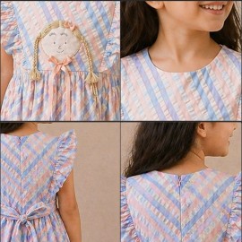 Girls Pastel Checked Cotton Dress with Ruffle Sleeves & Doll Embroidery (Blue-Pink)