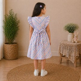 Girls Pastel Checked Cotton Dress with Ruffle Sleeves & Doll Embroidery (Blue-Pink)