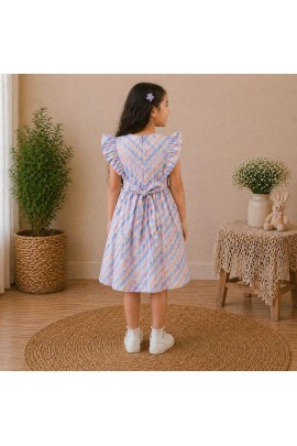 Girls Pastel Checked Cotton Dress with Ruffle Sleeves & Doll Embroidery (Blue-Pink)