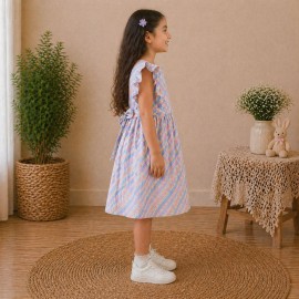 Girls Pastel Checked Cotton Dress with Ruffle Sleeves & Doll Embroidery (Blue-Pink)