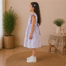 Girls Pastel Checked Cotton Dress with Ruffle Sleeves & Doll Embroidery (Blue-Pink)