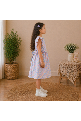 Girls Pastel Checked Cotton Dress with Ruffle Sleeves & Doll Embroidery (Blue-Pink)