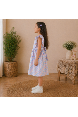 Girls Pastel Checked Cotton Dress with Ruffle Sleeves & Doll Embroidery (Blue-Pink)