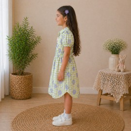 Girls Green Floral Checked Cotton Dress with Puff Sleeves & Button Front