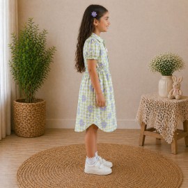 Girls Green Floral Checked Cotton Dress with Puff Sleeves & Button Front