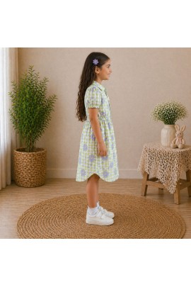 Girls Green Floral Checked Cotton Dress with Puff Sleeves & Button Front