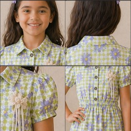 Girls Green Floral Checked Cotton Dress with Puff Sleeves & Button Front