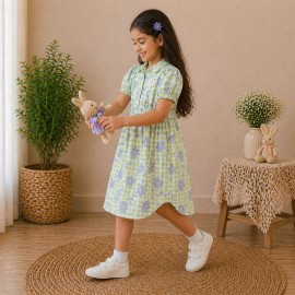 Girls Green Floral Checked Cotton Dress with Puff Sleeves & Button Front