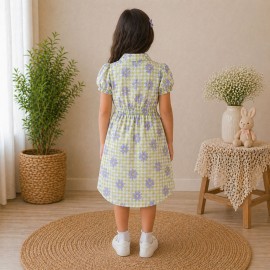 Girls Green Floral Checked Cotton Dress with Puff Sleeves & Button Front