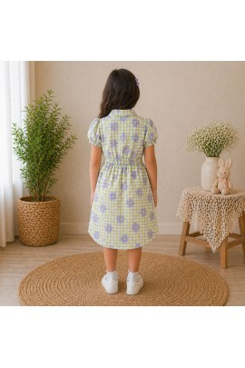 Girls Green Floral Checked Cotton Dress with Puff Sleeves & Button Front
