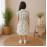 Girls Green Floral Checked Cotton Dress with Puff Sleeves & Button Front