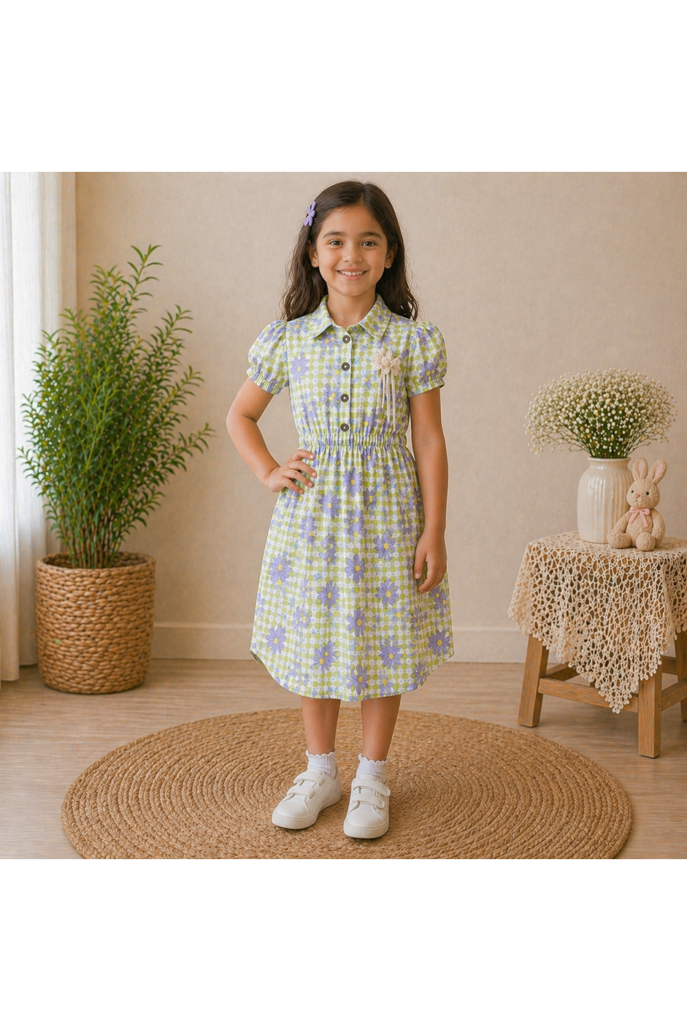 Girls Green Floral Checked Cotton Dress with Puff Sleeves & Button Front