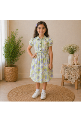 Girls Green Floral Checked Cotton Dress with Puff Sleeves & Button Front