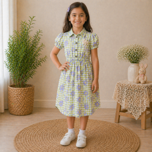 Girls Green Floral Checked Cotton Dress with Puff Sleeves & Button Front