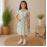 Girls Green Floral Checked Cotton Dress with Puff Sleeves & Button Front