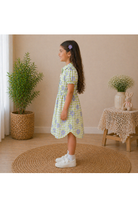 Girls Green Floral Checked Cotton Dress with Puff Sleeves & Button Front