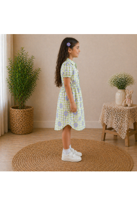 Girls Green Floral Checked Cotton Dress with Puff Sleeves & Button Front