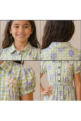 Girls Green Floral Checked Cotton Dress with Puff Sleeves & Button Front