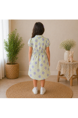 Girls Green Floral Checked Cotton Dress with Puff Sleeves & Button Front