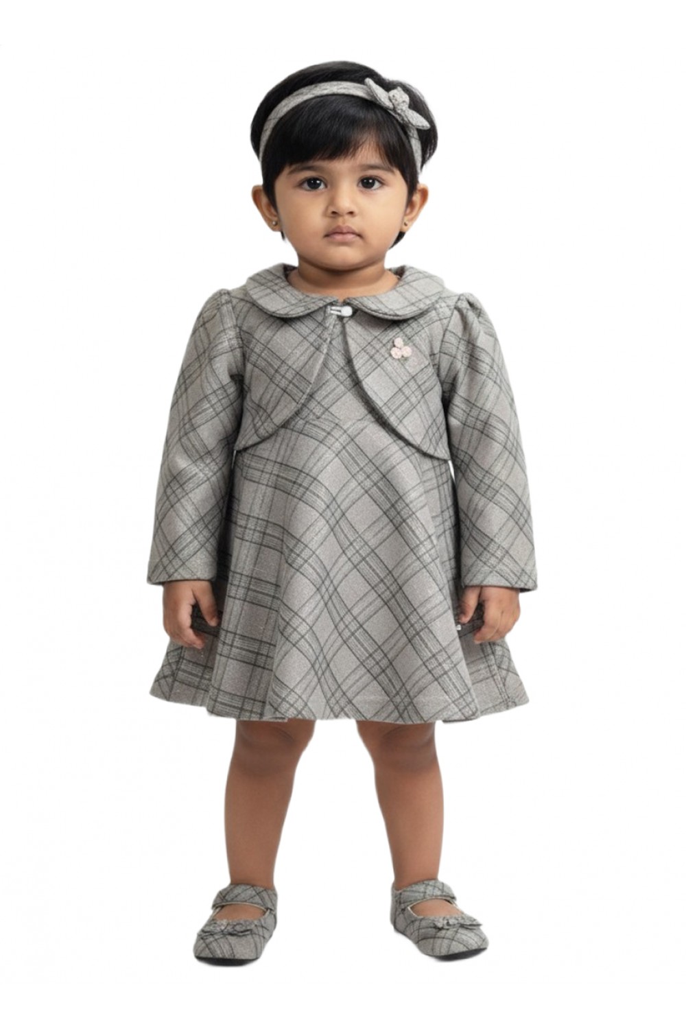 Calyx Clothing Baby Girls Grey Checked Dress with Collar & Full Sleeves | Elegant Winter Frock