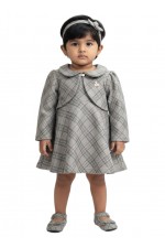 Calyx Clothing Baby Girls Grey Checked Dress with Collar & Full Sleeves | Elegant Winter Frock