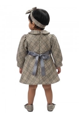 Calyx Clothing Baby Girls Grey Checked Dress with Collar & Full Sleeves | Elegant Winter Frock