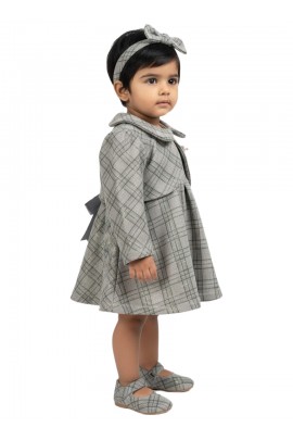 Calyx Clothing Baby Girls Grey Checked Dress with Collar & Full Sleeves | Elegant Winter Frock