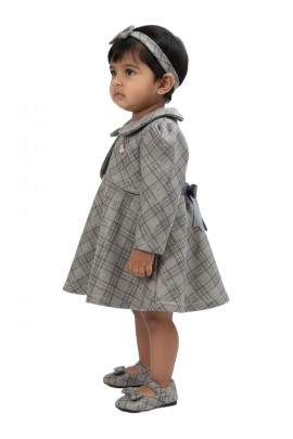 Calyx Clothing Baby Girls Grey Checked Dress with Collar & Full Sleeves | Elegant Winter Frock